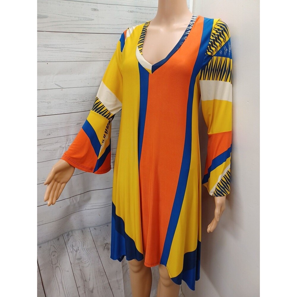 Emma Rose Bright Colors Multicolor Striped Slip Dress Stretch Bell Sleeve Sz L